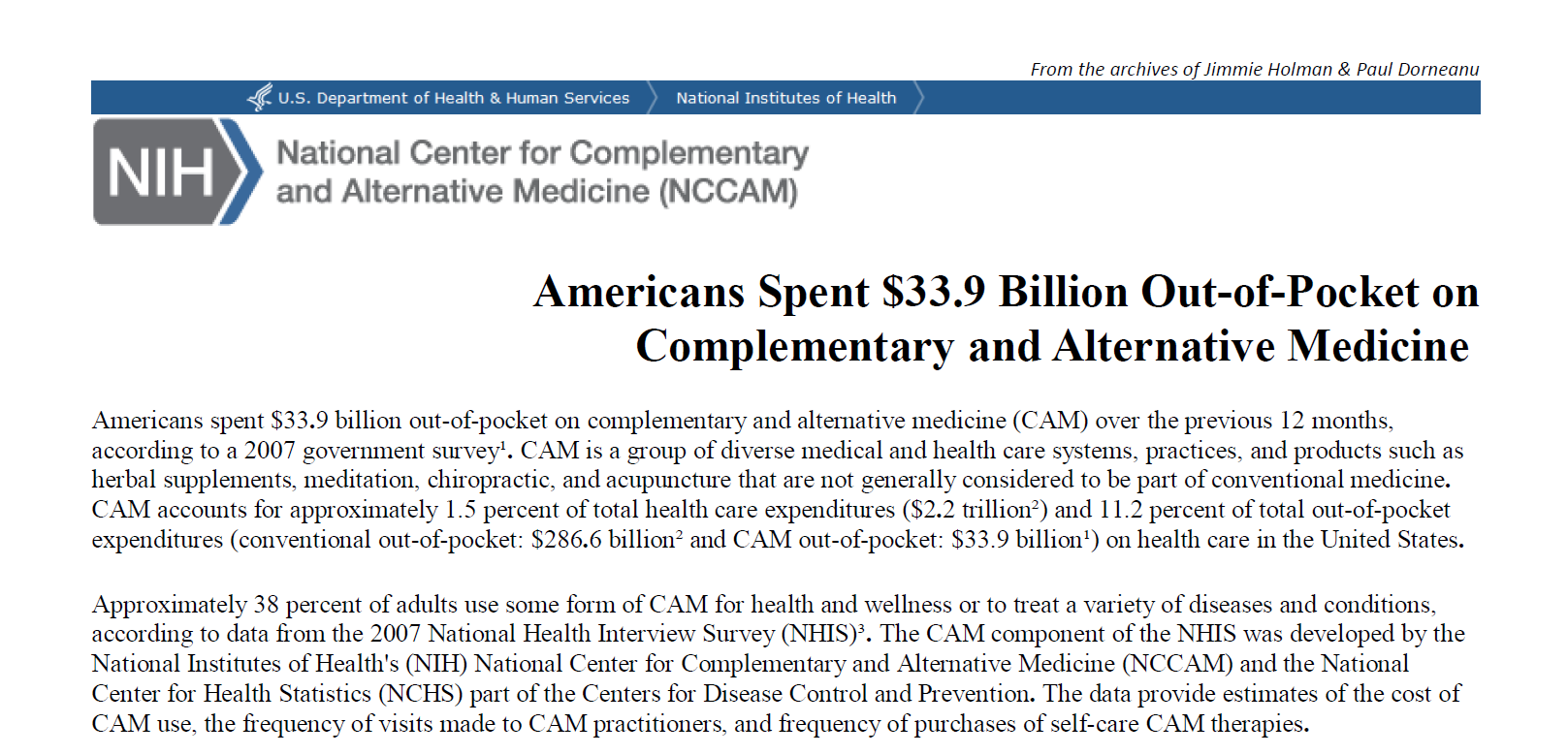 Americans Spent $33.9 Billion Out-of-Pocket on Complementary and Alternative Medicine